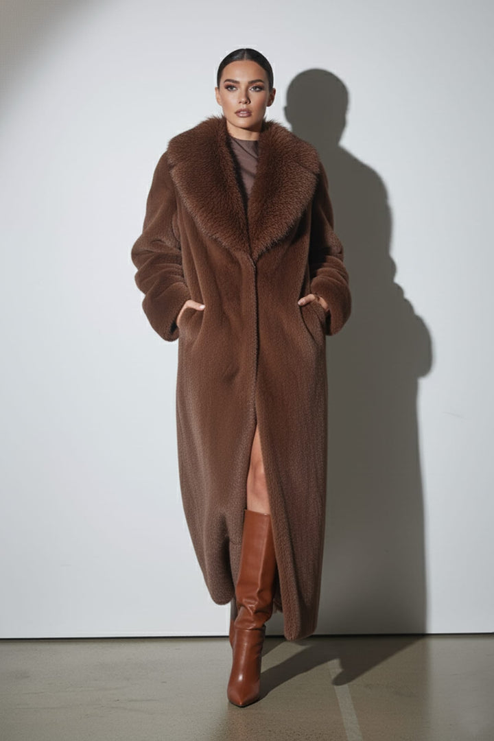 Elegant faux fur brown coat for cold weather, Shahida,
