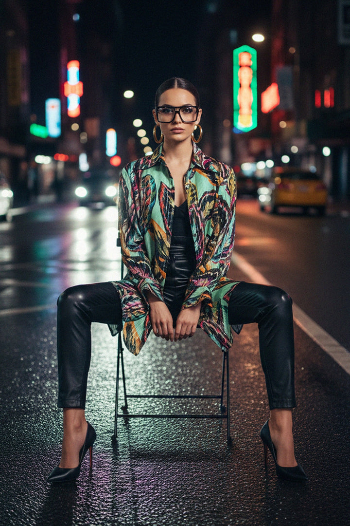 chair pose, leaf print shirt, mint designer dress, Shahida Parides fashion, floral print top, long sleeve style, sitting model, modern outfit, elegant streetwear, women’s chic, designer fashion, colorful design