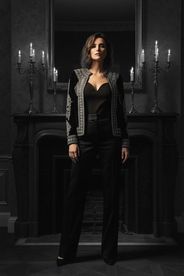 Women’s Black Velvet Jacket, Glamorous Velvet Party Blazer, Kyle X Shahida,