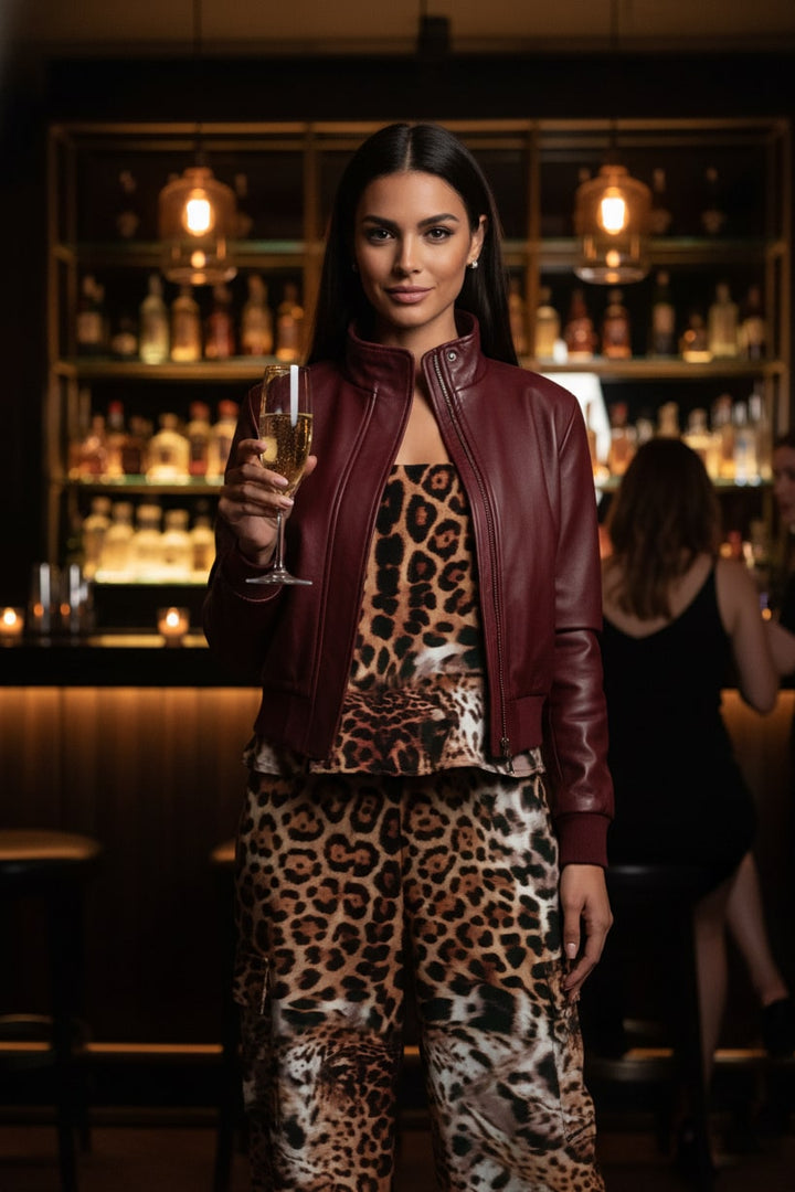 premium vegan leather jacket for women, leopard print lounge-evening outfit, Shahida uae