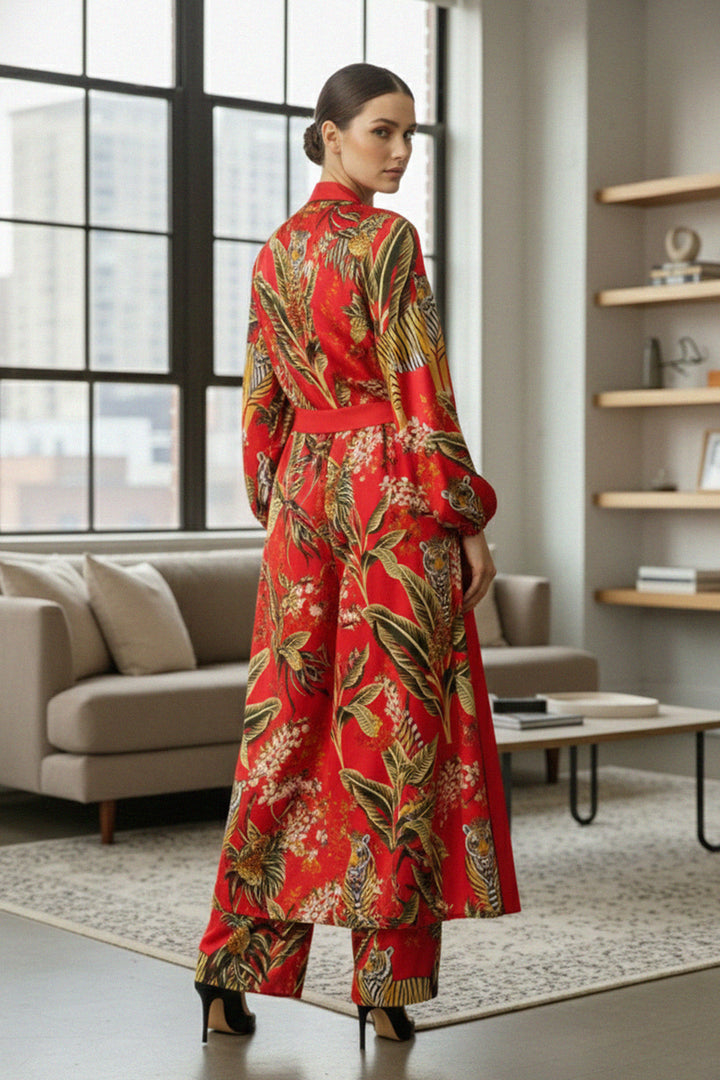 luxury kimono, full length, printed robe, womens fashion, soft silk, boho chic, iconic style
