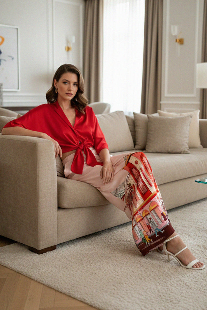 premium skirt look, soft satin finish, illustration motif skirt, shahida-kyle-richards, elegant womenswear