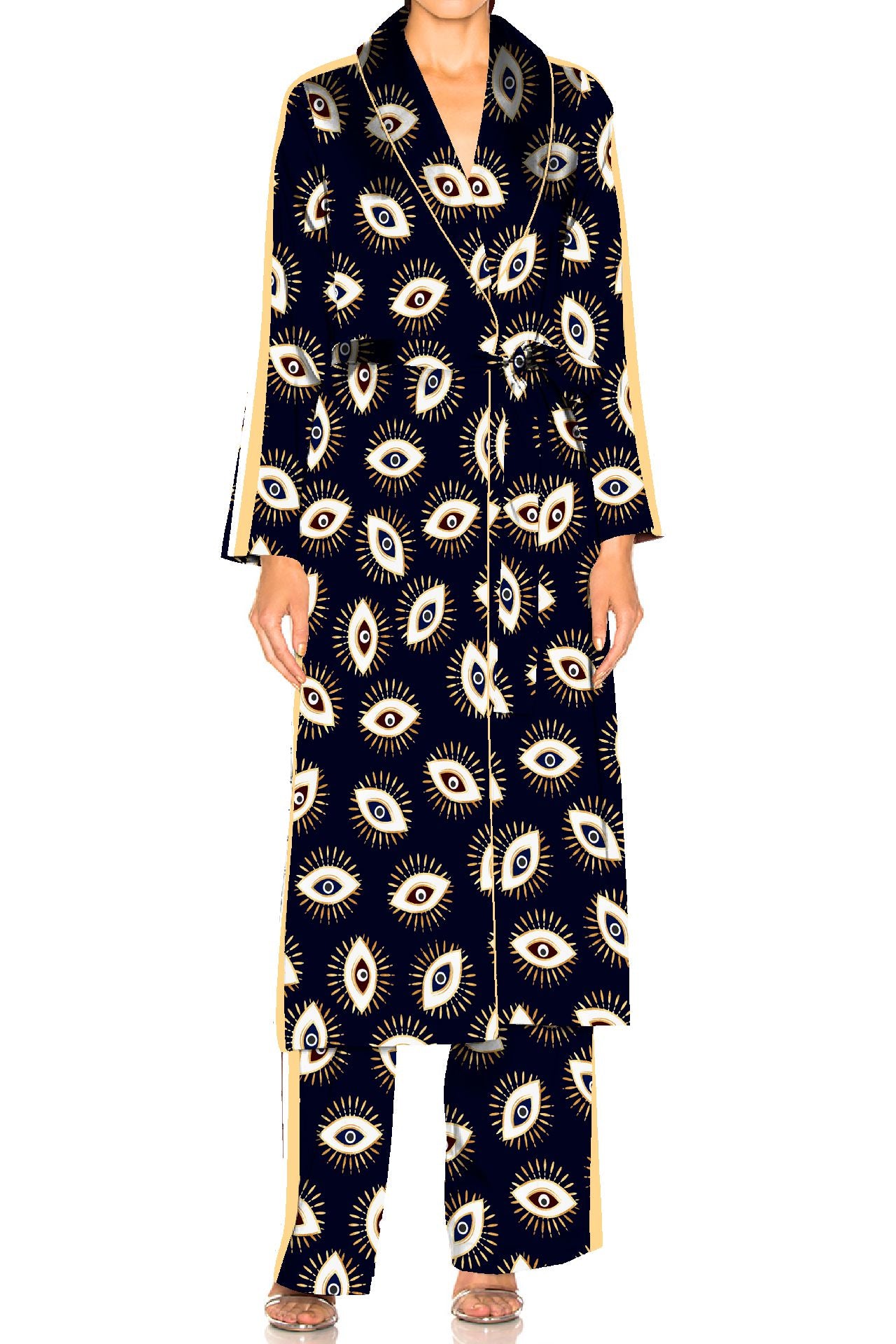 "Kyle X Shahida" "pajamas with matching robe" "printed lounge set" "silk satin pajama set"