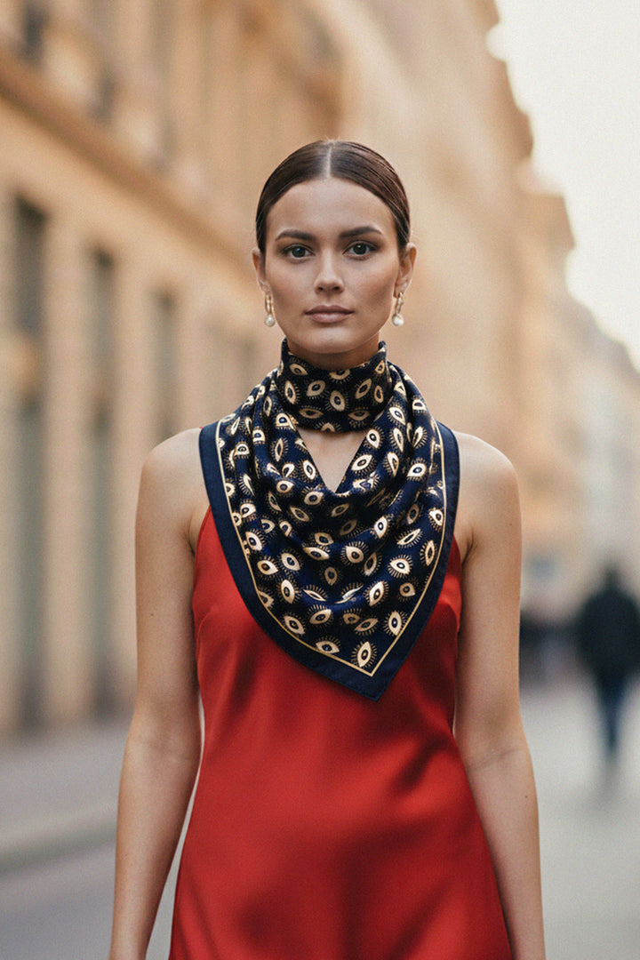 black silk scarf, evil eye print, red slip dress, chic accessory, luxury fashion