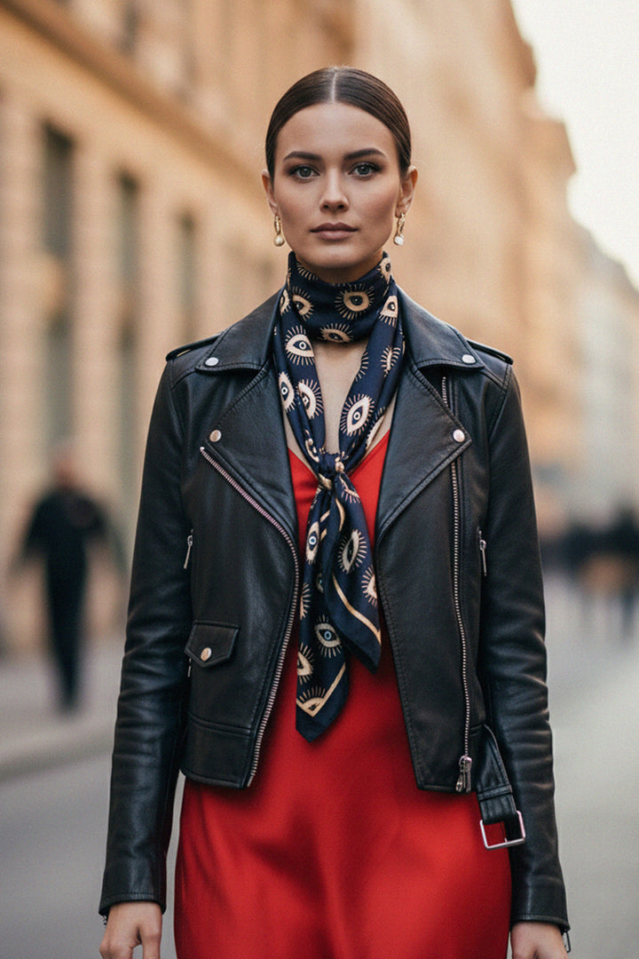 black silk scarf, evil eye scarf, women’s fashion, luxury accessory, street style, leather jacket