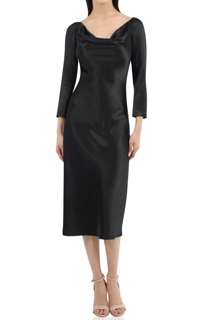 long sleeve black satin midi dress Mock Neck Satin Midi Dress