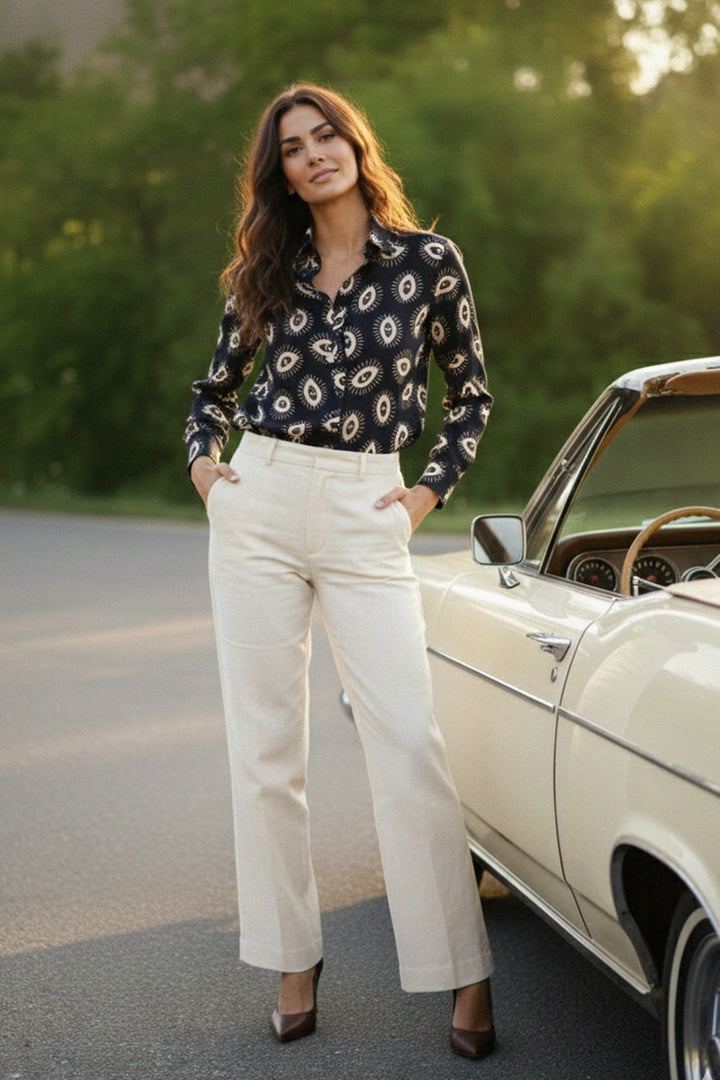 black shirt, printed shirt, evil eye print, shahida-kyle-richards, button down top