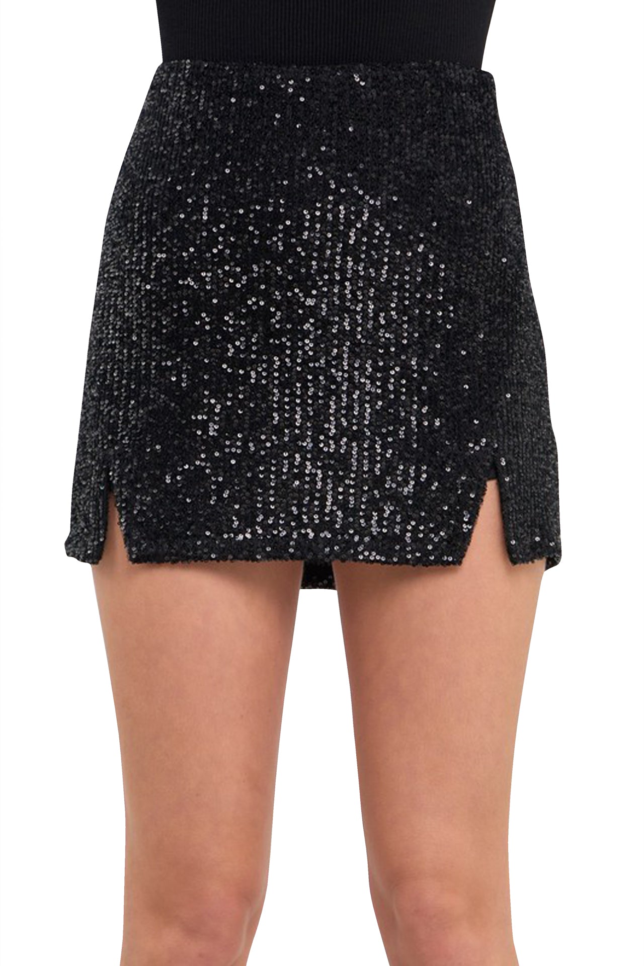 "black sequin plus size skirt" "sequin skirt with slit" "black sequin mini skirt" "Kyle X Shahida"