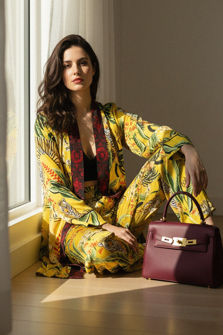 jungle print, coordinated set, wide leg pants, bright silk, red border, fashion set, luxe comfort, tropical style