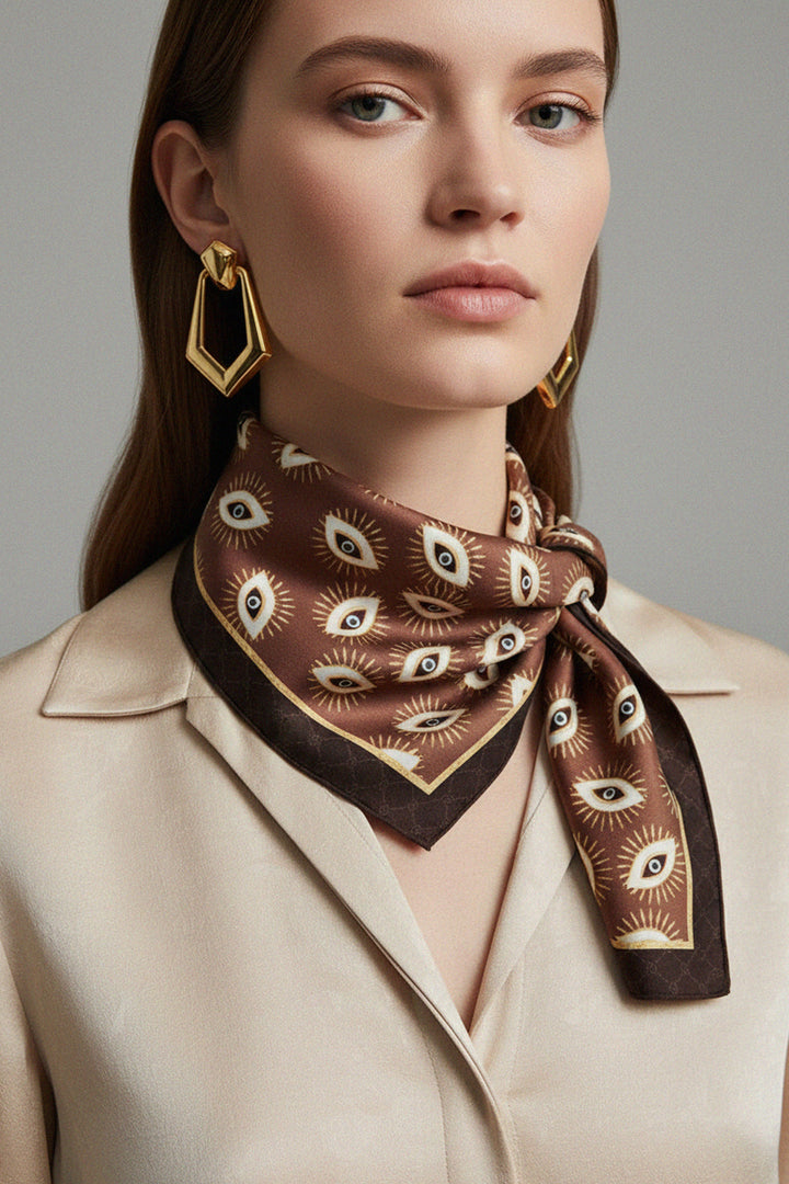 brown scarf, evil eye print, fashion accessory, satin scarf, neck scarf, luxury style, boho chic