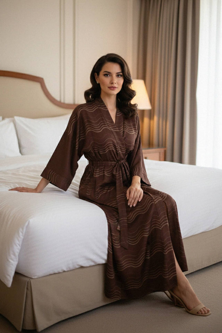 subtle stripes, long robe, luxe lounge look, belted wrap, comfy fabric, bedroom style, elegant drape