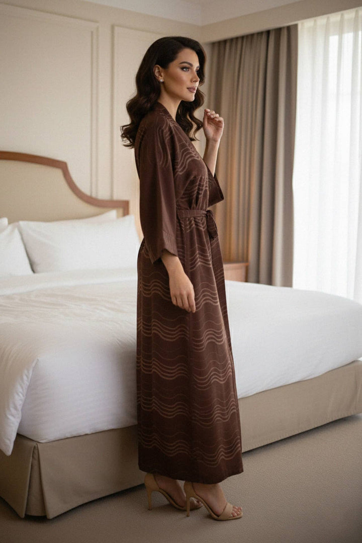 belted kimono, elegant robe, luxe fabric, brown wrap dress, wavy pattern, soft draping