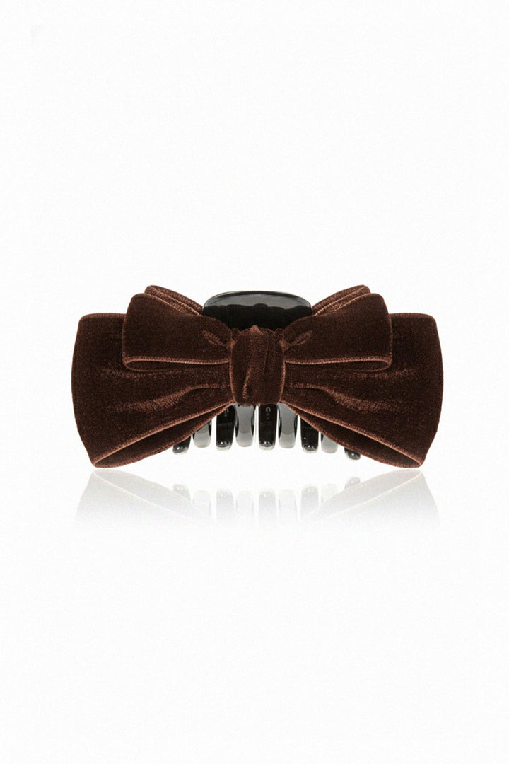 brown velvet bow, hair claw clip, Shahida, hair accessory, stylish hair clip, elegant hair clip, fashion accessory, velvet bow, trendy hair accessory, hair styling clip