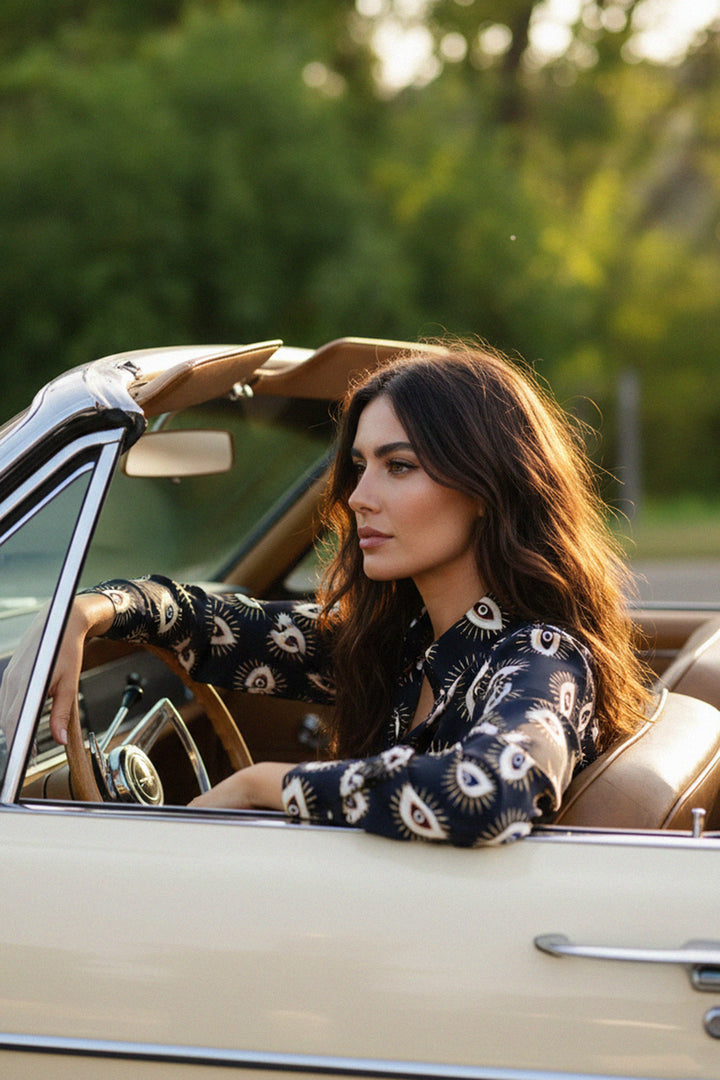 wide leg pants, evil eye design, shahida-kyle-richards, button shirt, neutral look, luxe fashion