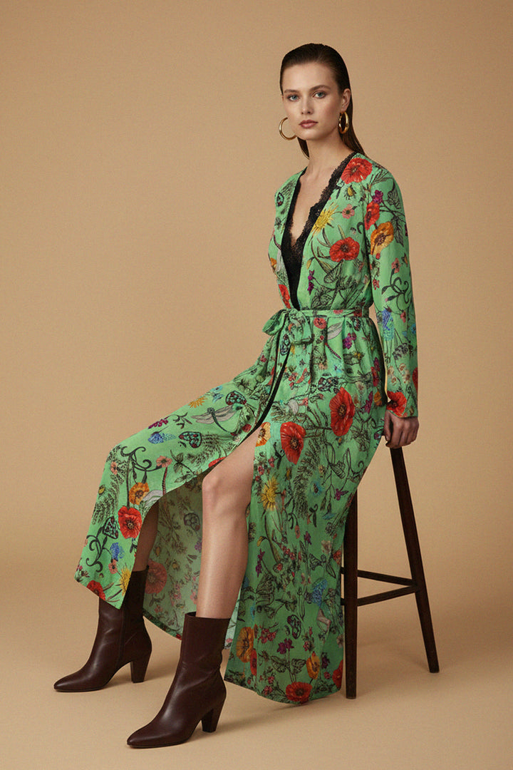 long silk duster, printed designer dress, womens luxury dress, elegant silk dress, designer womenswear, flowing long dress