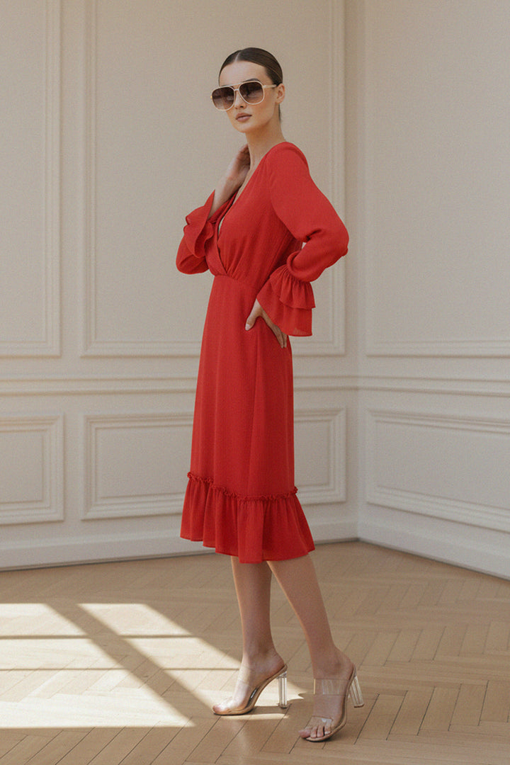 chic dress, modern style, knee length, flowy sleeves, red outfit, trendy fashion, feminine wear