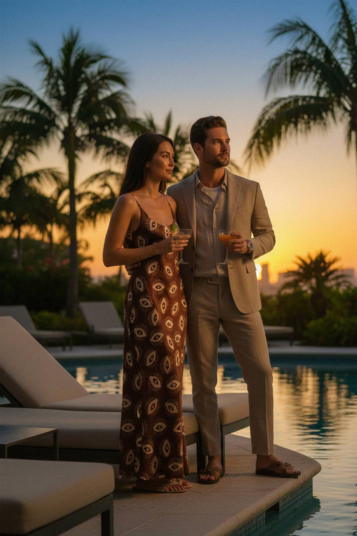 brown cami dress, sunset resort look, tropical evening wear, poolside vacation outfit