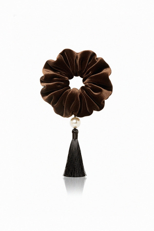 luxury velvet scrunchie with pearl and tassel charm, Shahida, 