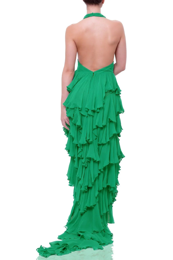  prom dresses emerald green, deep plunge neckline dress, maxi dresses for women, tiered ruffled maxi dress,vacation outfit, glamorous design, feminine flair, timeless elegance