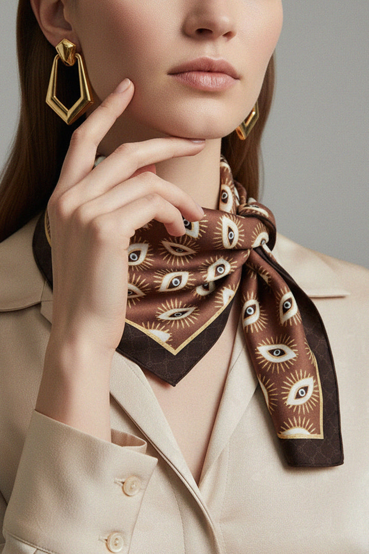 designer accessory, brown silk scarf, eye motif scarf, neck wrap, gold earrings, chic styling