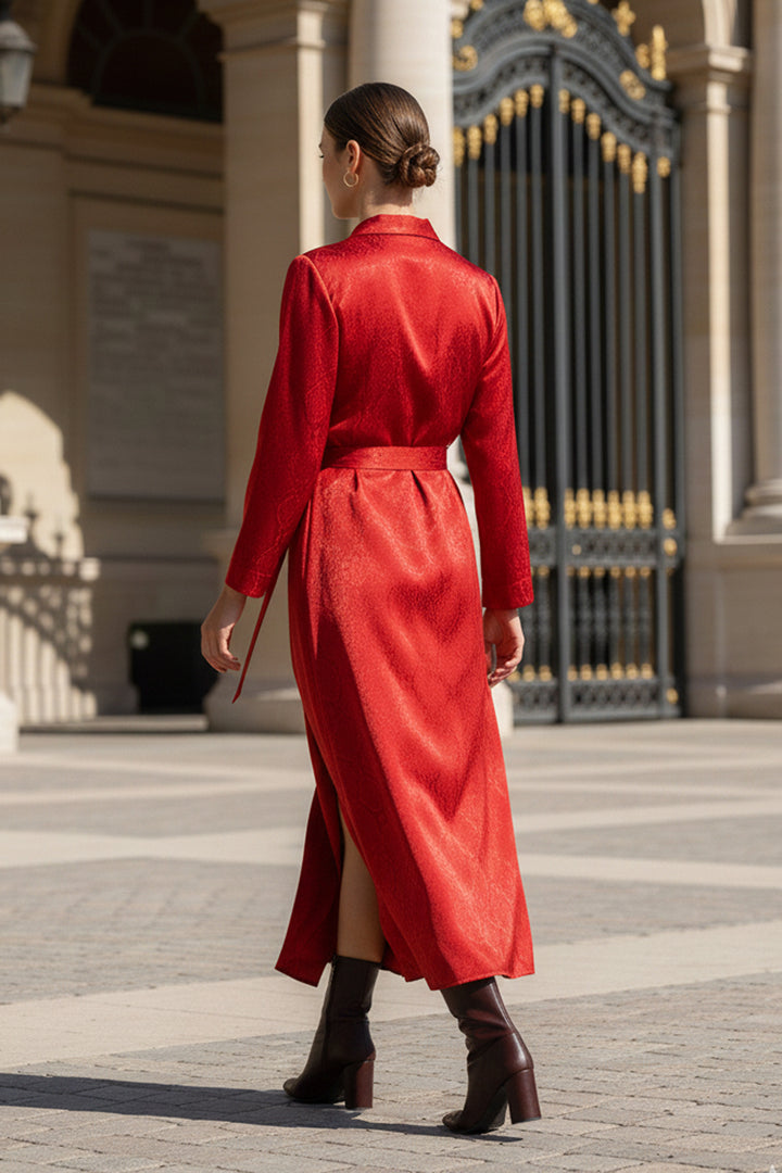 designer wrap dress, blood stone color dress, womens cupro clothing, sustainable runway style, shahida richards collection, long wrap gown