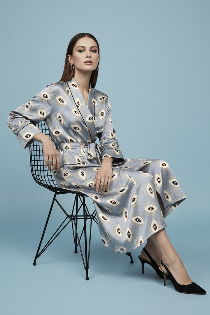 designer duster, grey print robe, shahida parides, chic resortwear, evil eye fashion, womens elegant kimono