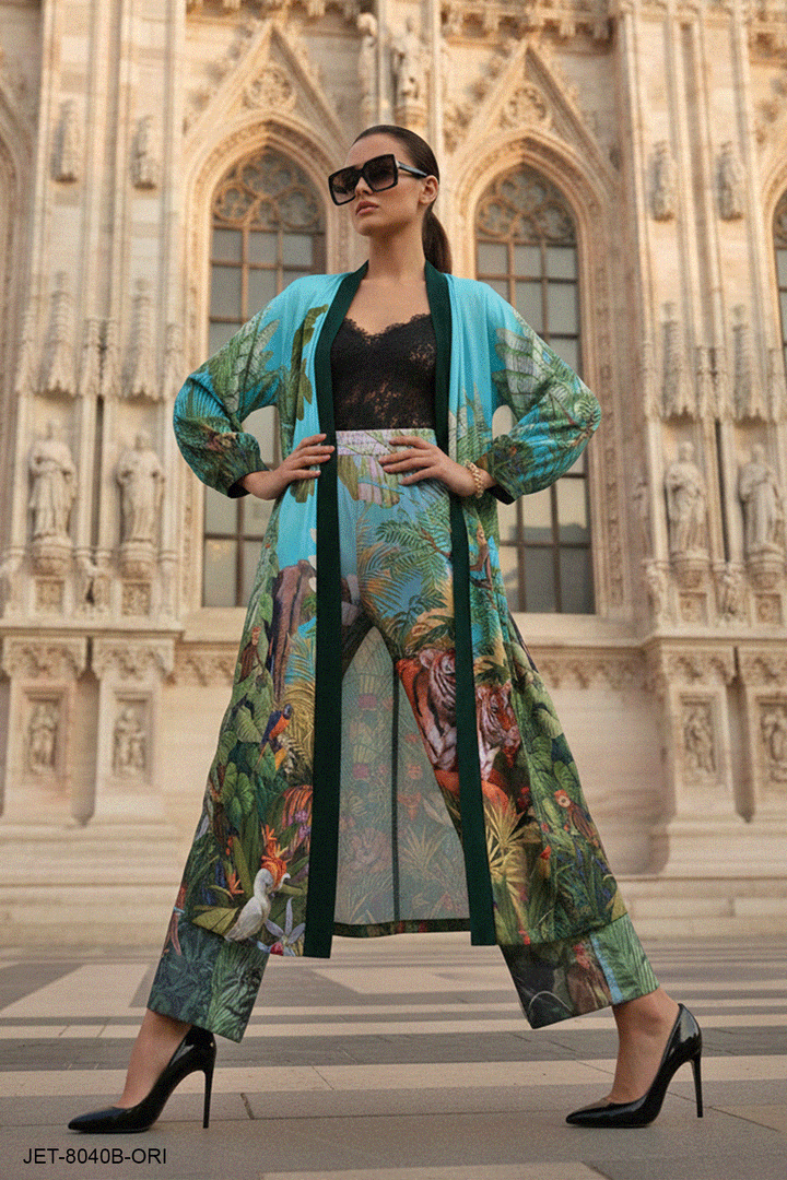 kyle x shahida, printed silk robe, chic womens kimono, resort chic jacket, elegant silk coat, designer womens kimono