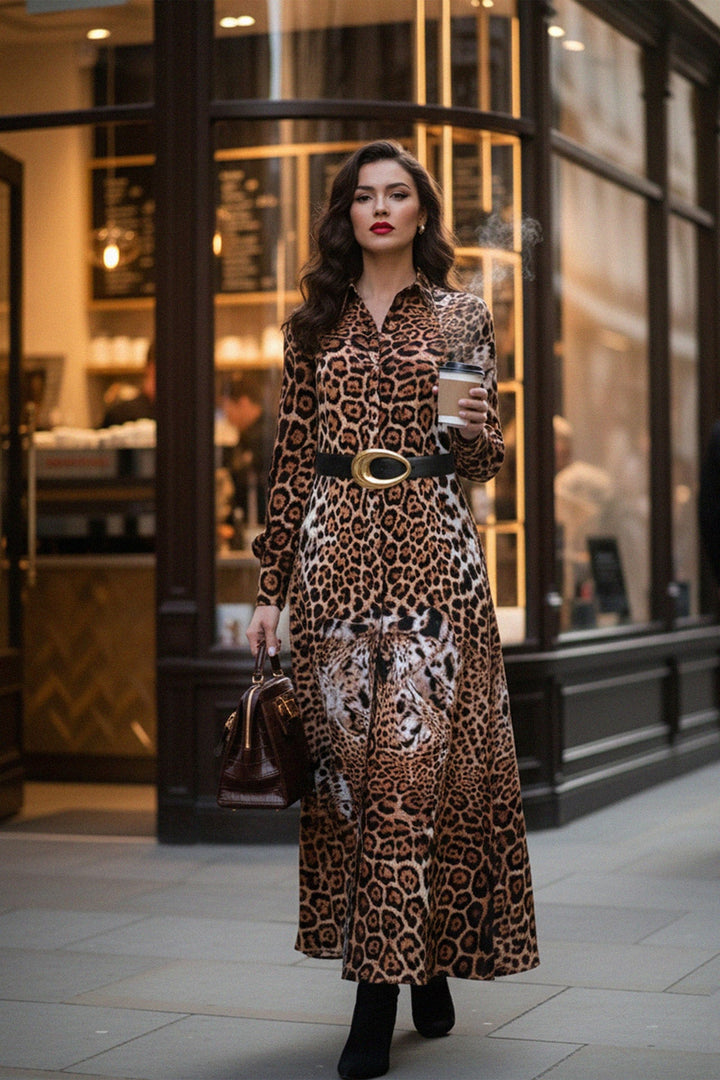 designer kimono wrap, leopard print fashion, luxury women outerwear, long flowing duster, animal pattern kimono