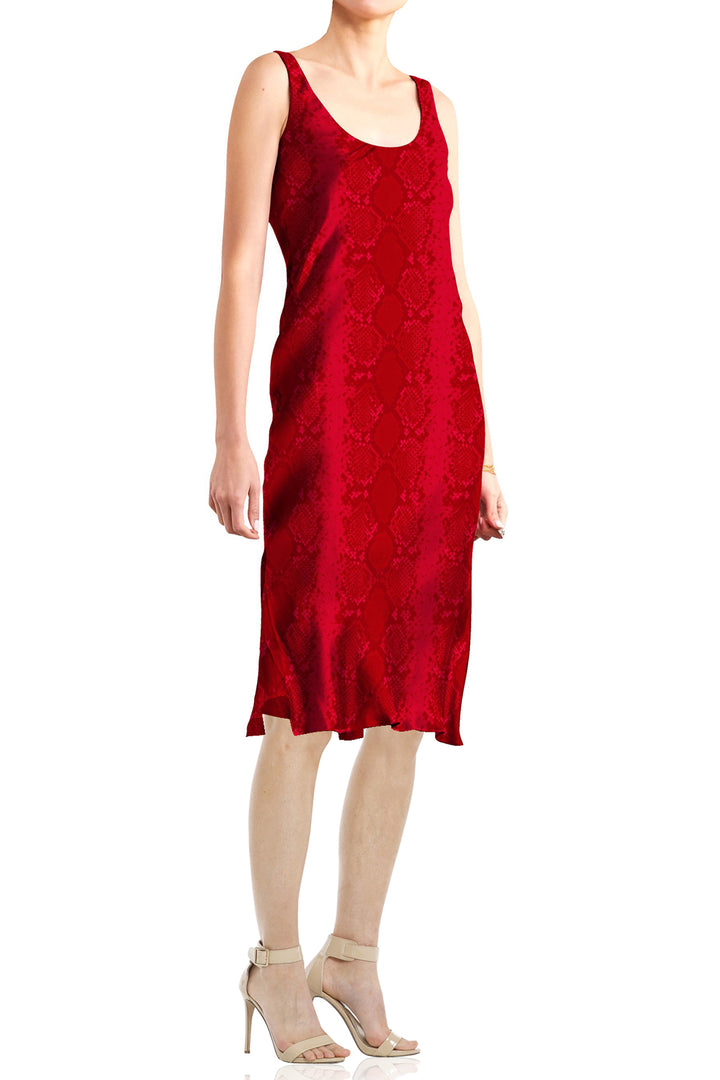 designer red dress, midi red cami, snake print womenswear, chic red dress, bold print outfit, fashion midi dress