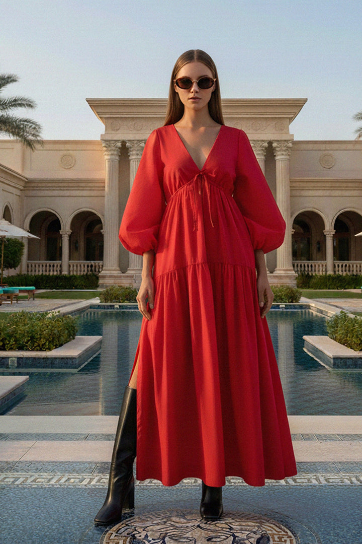 chic red dress, elegant maxi dress, luxury designer outfit, red evening gown, fashionable women’s dress, stylish red maxi dress, designer red outfit, couture fashion look, statement dress for women, high end fashion outfit, runway style dress, glamorous red gown
