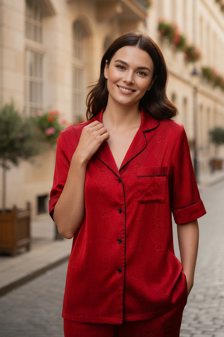 designer pajamas women, luxury silk night suit, eco friendly sleepwear, organic silk set, half sleeve pajamas women