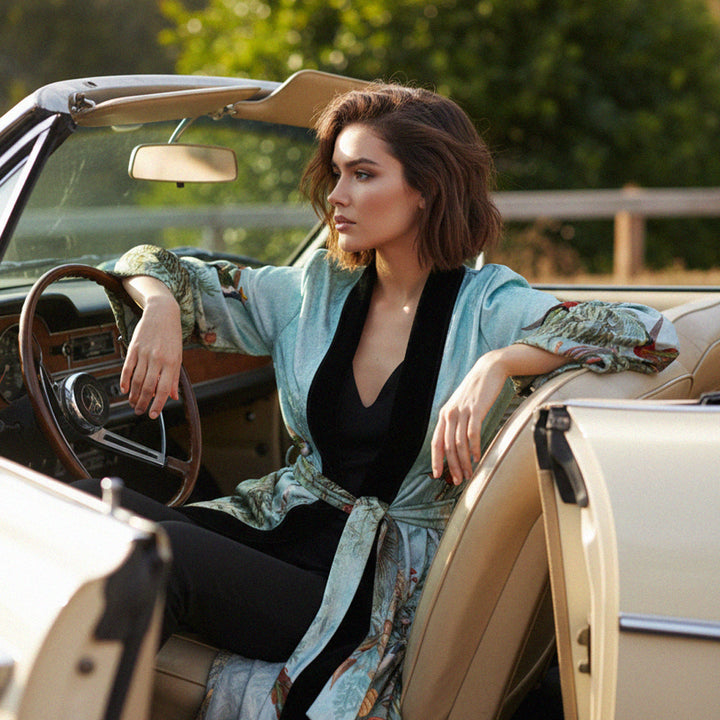 silk kimono robe, nature print, womens designer robe, shahida parides, santorini fashion, luxury womenswear