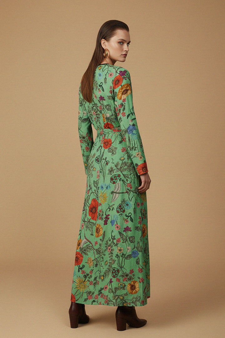 stylish long dress, printed silk duster, fashionable womens dress, luxury flowing dress, elegant duster