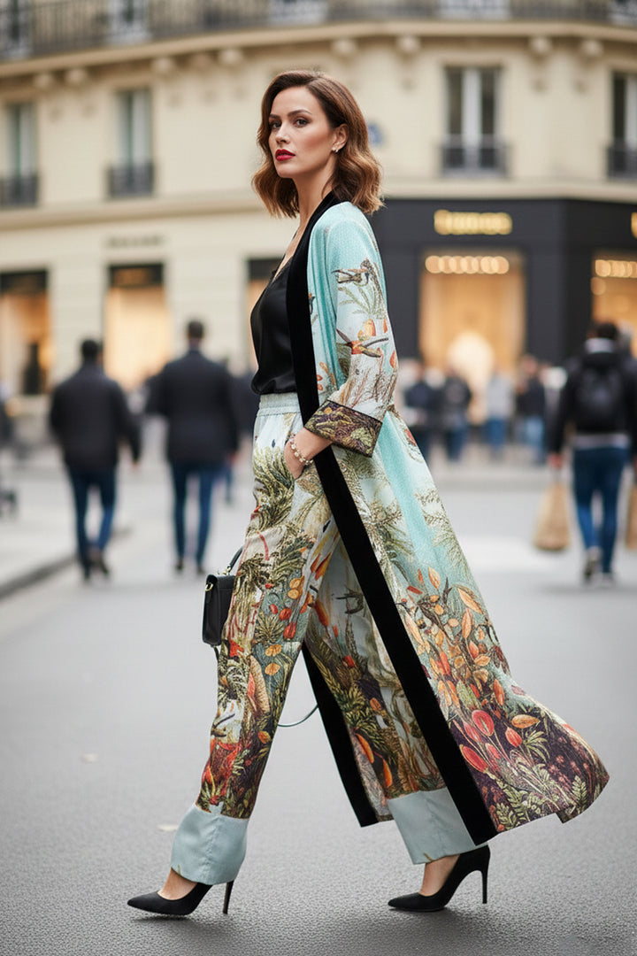 silk robe women, nature print robe, santorini trench coat, womens designer robe, shahida parides, luxury womenswear