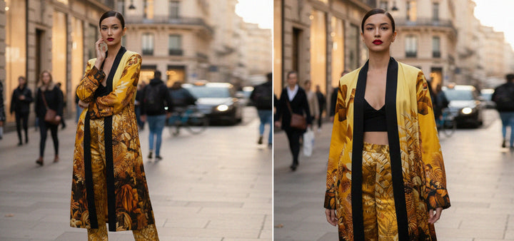 shahida parides, silk kimono womens, resort chic kimono, elegant silk robe, printed floral kimono