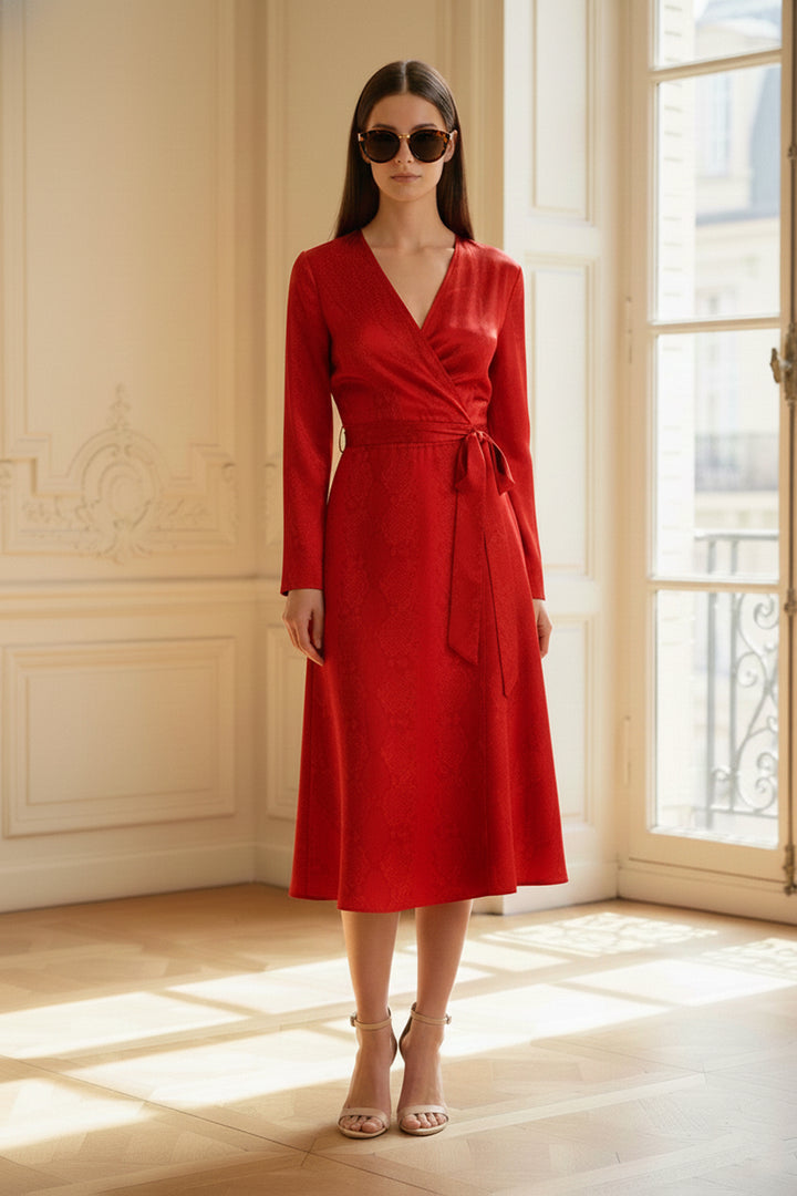 eco midi dress, cupro clothing, womens wrap outfit, shahida kyle style, blood stone wear, vegan silk dress