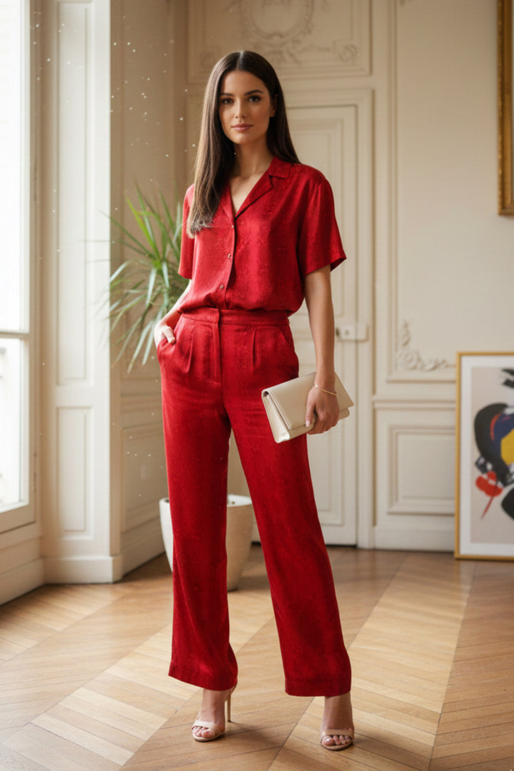 shahida-kyle-richards, eco satin shirt, biodegradable textile, blood stone tone, luxury fashion top, soft silk feel