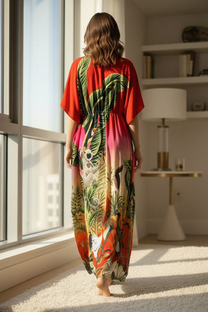 designer silk kaftan, elegant maxi dress, jungle print gown, luxury women style, resort chic outfit