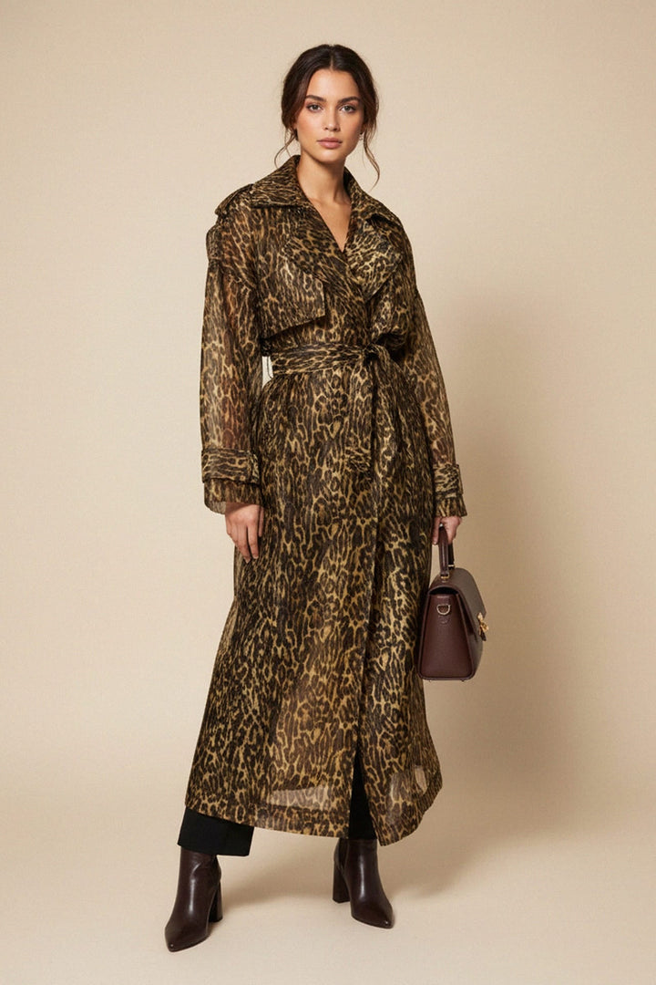 chic organza leopard trench with oversized lapels, Shahida,