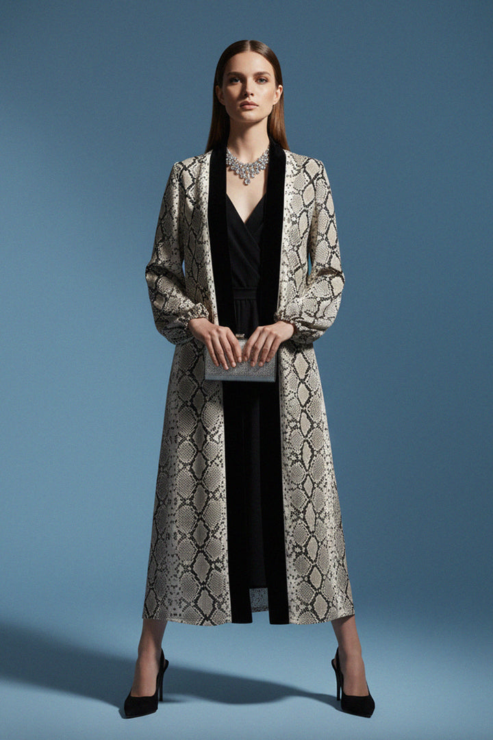 luxury kimono, silk robe, snake print, evening wear, womens fashion, designer outfit, chic layering