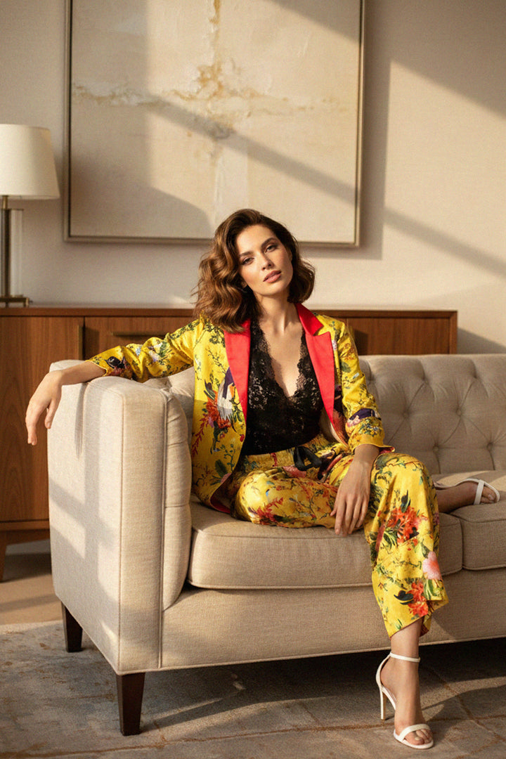 elegant-silk-jacket, yellow-style-suit, shahida-kyle-richards, chic-fashion-look, lace-top-outfit, floral-suit-edit