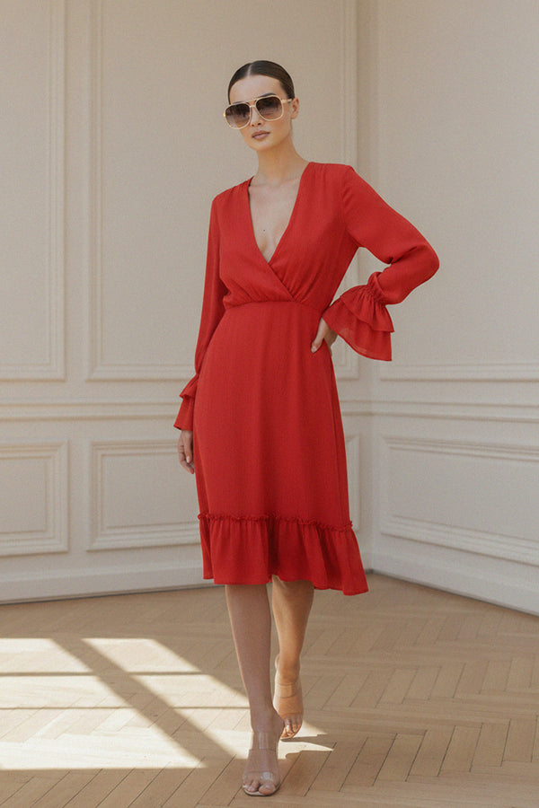 red dress, women fashion, full sleeve dress, v neck style, ruffle hem, chic outfit, summer style