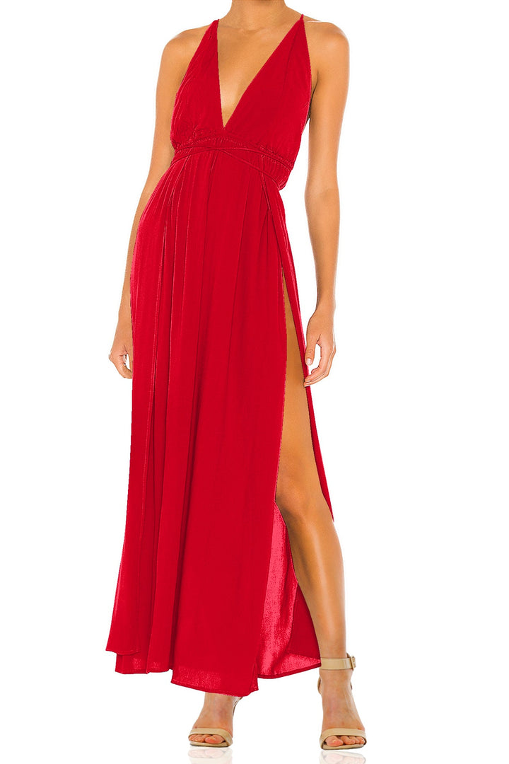 romantic dress, luxury fashion look ,
 a plunging neckline and front slit, ideal for evening events or luxury resort wear.