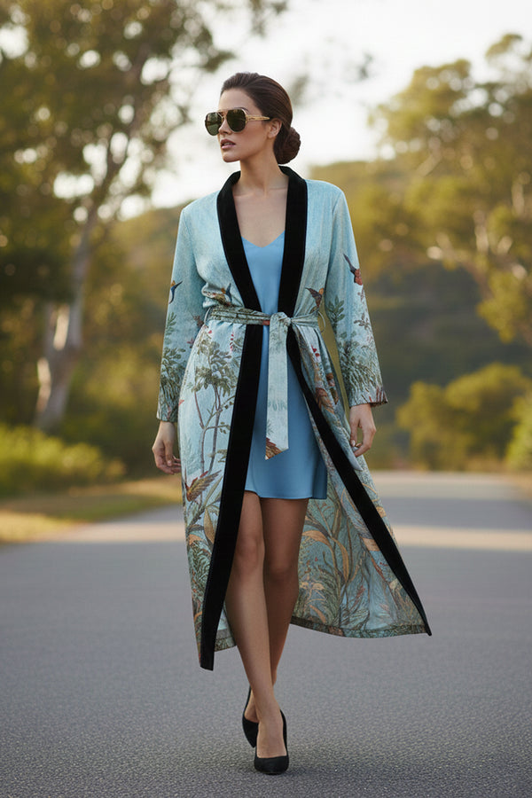 silk kimono, women’s robe, blue luxury wear, printed kimono, chic wrap style, elegant layering piece