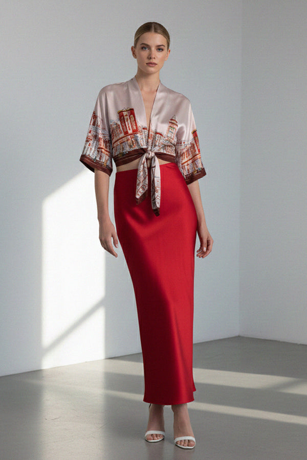 architecture print top, shahida-kyle-richards, trending kimono top, soft satin fashion, fashion crop blouse