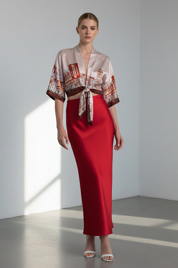 architecture print top, shahida-kyle-richards, trending kimono top, soft satin fashion, fashion crop blouse