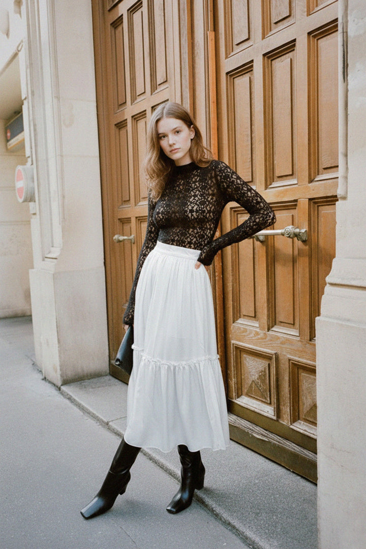 N ea Pari,
layered midi skirt,
boho tiered midi skirt,
solid tiered midi skirt,