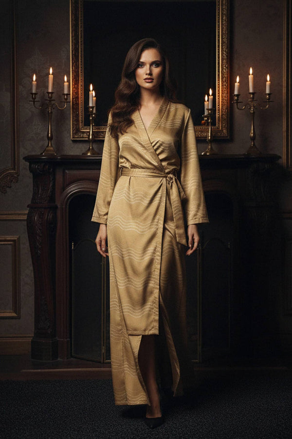 gold silk, kimono robe, luxury style, candlelit room, elegant look, soft shimmer, refined fashion