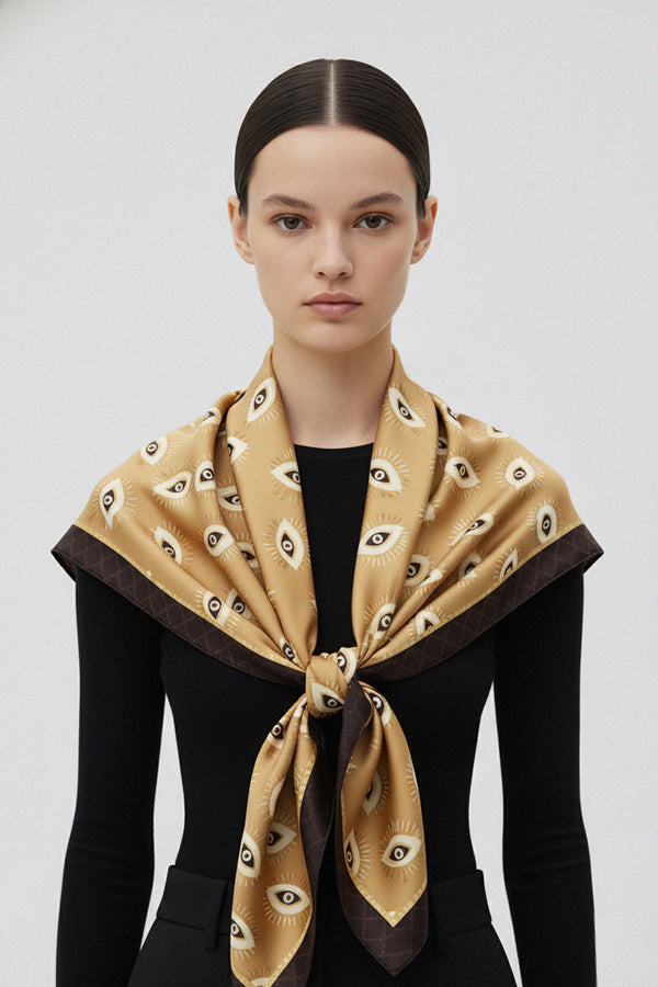 silk scarf, gold print, luxury wrap, women fashion, neckline accessory, designer shawl