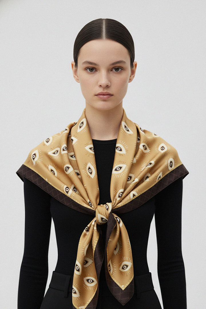 silk scarf, gold print, luxury wrap, women fashion, neckline accessory, designer shawl